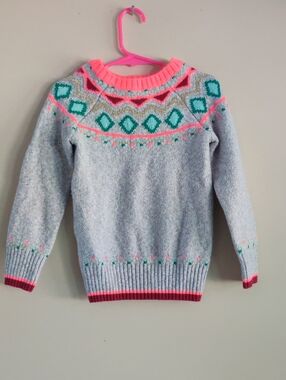 Cat & Jack Light Gray Sweater with Neon Pink and Teal Fair Isle Yoke Size 4-5